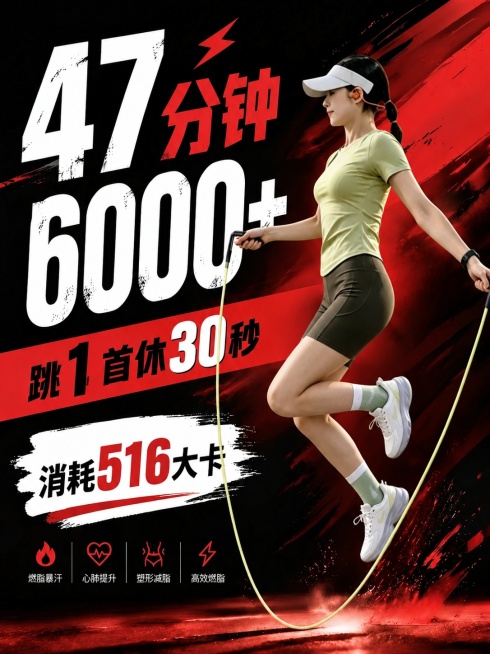 酷炫动感风格的跳绳健身挑战海报，3:4比例。主标题为"47分钟 6000+"，副标题为"跳1首休30秒 消耗516大卡"，底部卖点标签：燃脂暴汗、心肺提升、塑形减脂、高效燃脂。背景为动感酷炫的黑红渐变预览效果