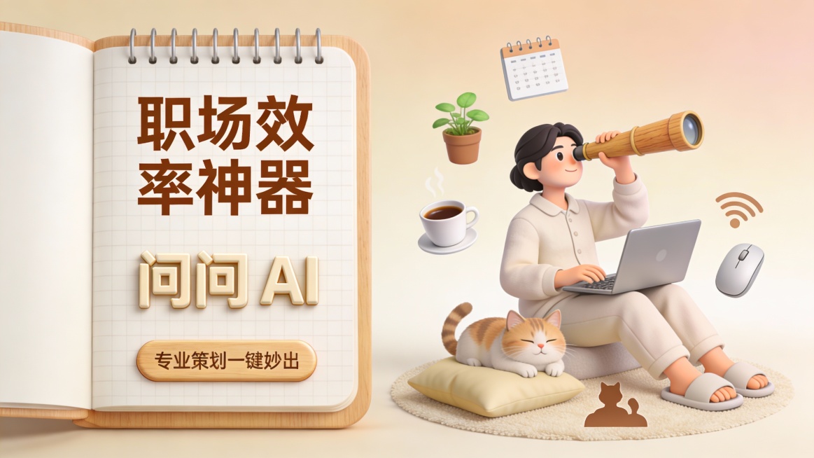 这是一张主打远程办公场景的职场效率工具宣传图，采用左文右图版式。左侧主体为一本打开的浅木色活页笔记本，内页为米白色方格背景，印有暖棕色字体 “职场效率神器”，下方是浅卡其色立体字 “问问 AI”，底部预览效果