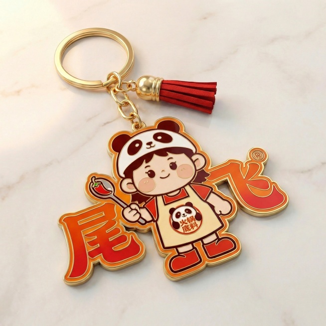 将图中的男版钥匙扣替换为图中的女版卡通形象，保留金色钥匙环、红色流苏，文字内容改为"尾飞"，保持金属珐琅质感，橙红渐变配色预览效果