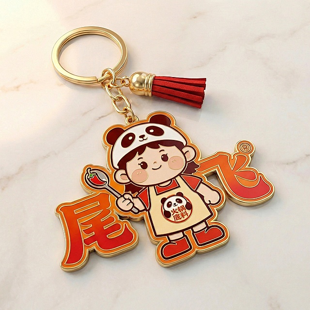 将图中的男版钥匙扣替换为图中的女版卡通形象，保留金色钥匙环、红色流苏，文字内容改为"尾飞"，保持金属珐琅质感，橙红渐变配色