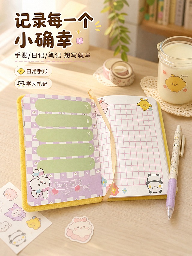 [商品] 使用【图1】CAYA小黄鸭毛绒手账本翻开状态；保留黄色毛绒封面、彩色内页、卡通插画、金色书签带；自然平摊在桌面上，一支笔放在旁边，营造正在书写的氛围。
[画面] 第3张 手账使用场景，目标：营造日常记录的治愈生活感。温馨桌面场景，手账本平摊在木质/奶白色桌面上，旁边有一支可爱的笔、一小杯饮品、小贴纸/胶带点缀；午后暖光从侧面洒入，投射柔和阴影；手账本占画面约50%，位于画面中心；背景有虚化的书架/绿植；阅读动线自然聚焦手账本打开的内页。
[视觉] 套系策略：风格=治愈系可爱萌系商业摄影；标题字=圆润粗黑体（圆角无衬线）；正文字=柔和圆角无衬线体；主色=奶黄色/暖黄色；背景延展=基于奶黄色做深浅渐变、同色系柔和过渡、细腻毛绒/纸张质感；强调色=浅粉紫色，仅用于小面积图标、引线和标签；标题色=深棕色/焦糖色；正文色=暖棕色；组件=圆角浅底信息卡、圆点装饰、曲线引线、软萌小图标；光影=午后暖调自然光，从左上方斜射，柔和阴影，温暖治愈氛围，内页清晰不反光。
[文字] 左上角主标题「记录每一个小确幸」，副标题「手账/日记/笔记 想写就写」，下方配2个小场景标签：「日常手账」「学习笔记」；文字不遮挡手账本主体，字号适中手机端可读。
[规格] 图片比例3:4竖版，4K，避免变形、错字、文字过小、冷蓝/冷灰场景、产品颜色改变、场景杂乱喧宾夺主、内页文字虚构错乱、手部不自然。