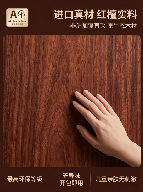 [主图 3] 红檀木材质细节展示。
[氛围风格] 自然高级质感，突出实木天然纹理。
[画质] 商业摄影质感，光线柔和通透，产品清晰真实，画面干净高级。
[元素] 全屏放大展示非洲进口红檀木清晰木纹，增预览效果