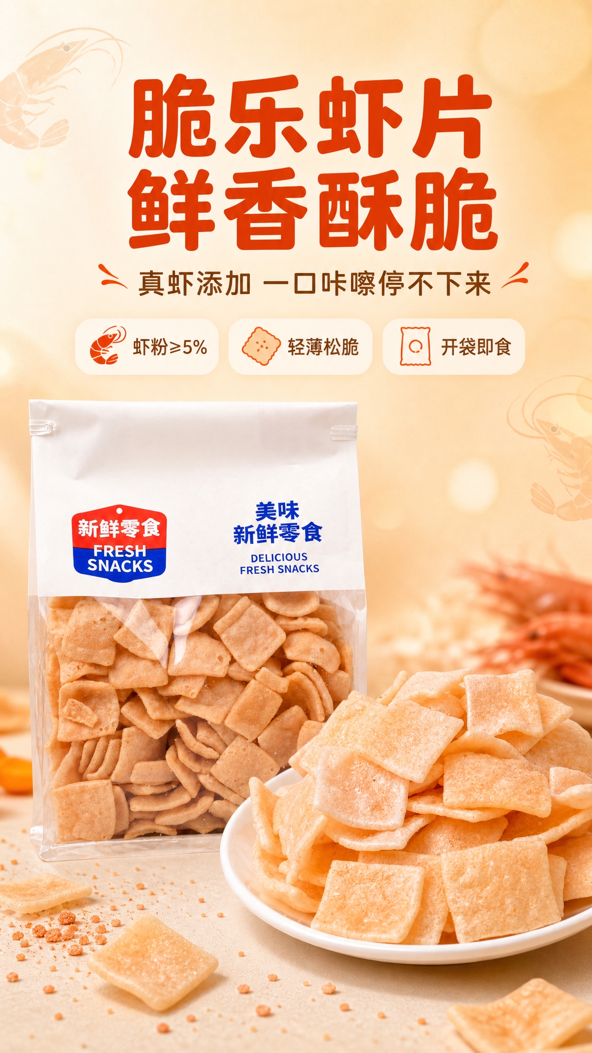 [商品] 使用【图5】脆乐虾片透明袋装产品图 + 【图1】白盘… - 图片创意预览