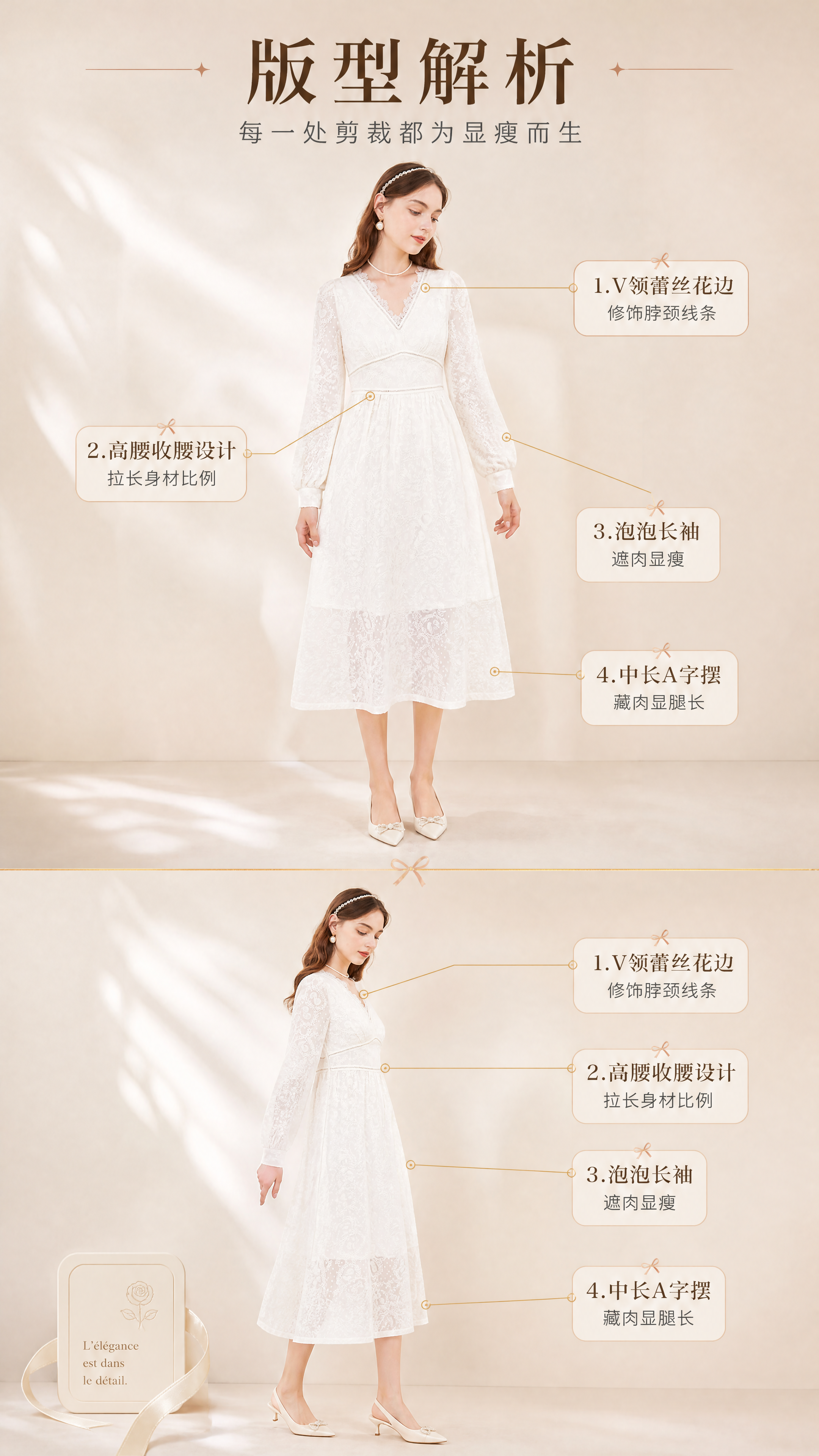 [商品] 使用【图1】法式V领蕾丝长袖白色连衣裙；商品处理：保… - 图片创意预览