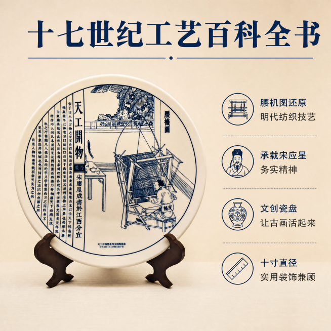 [主图-2] 天工开物文创陶瓷盘文化价值展示
[氛围风格] 新中式文化展示风，简洁专业
[画质] 商业摄影质感、光线柔和通透、产品清晰真实、画面干净高级
[元素] 陶瓷盘主体居中展示，左侧保留完整图案预览效果