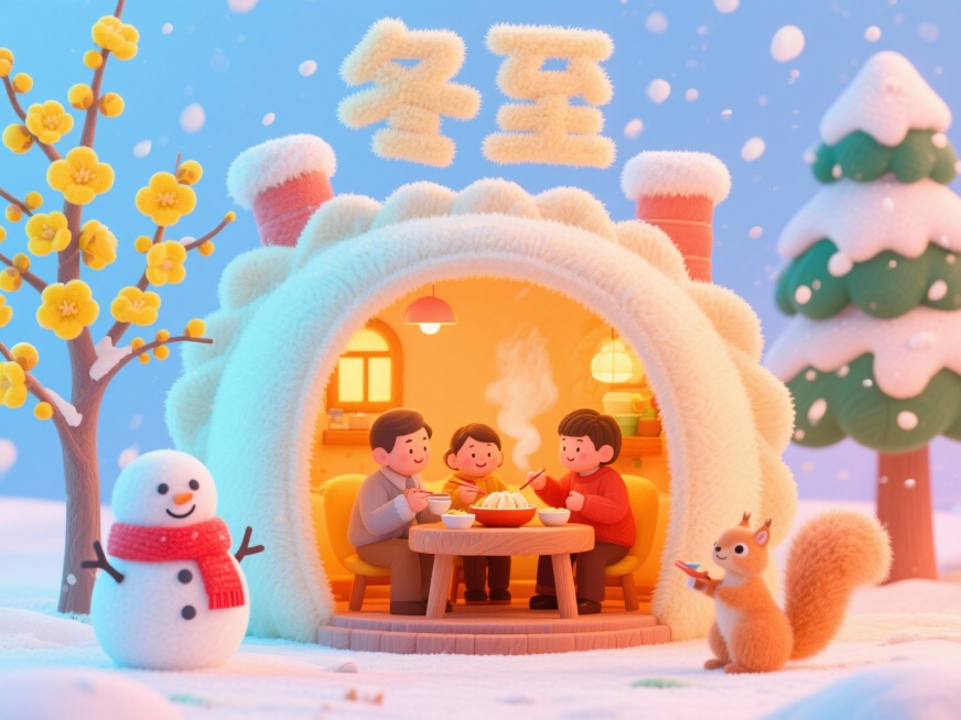 一个巨大毛绒绒饺子形状的卡通房子，房子内部是一家三口其乐融融的在吃着热气腾腾的饺子，房屋外面有棵盛开的黄色腊梅花，旁边有个围着红围巾的雪人，一个毛绒绒小松鼠和松树，天空中飘着雪花，整体细节丰富，色彩温预览效果