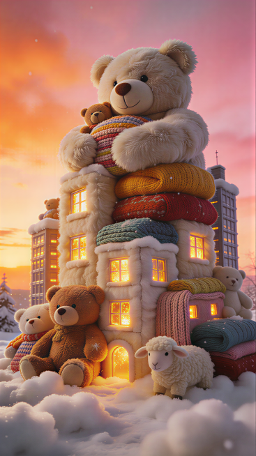 日落时分的梦幻冬季风景，天空呈现温暖的橙粉色渐变，毛绒材质的摩天大楼和建筑物，完全由超大的毛绒玩具、堆叠的泰迪熊、拼凑的彩色织物和厚实的针织羊毛建造而成，质地蓬松柔软，窗户透出温暖的金色光芒，地面覆盖预览效果