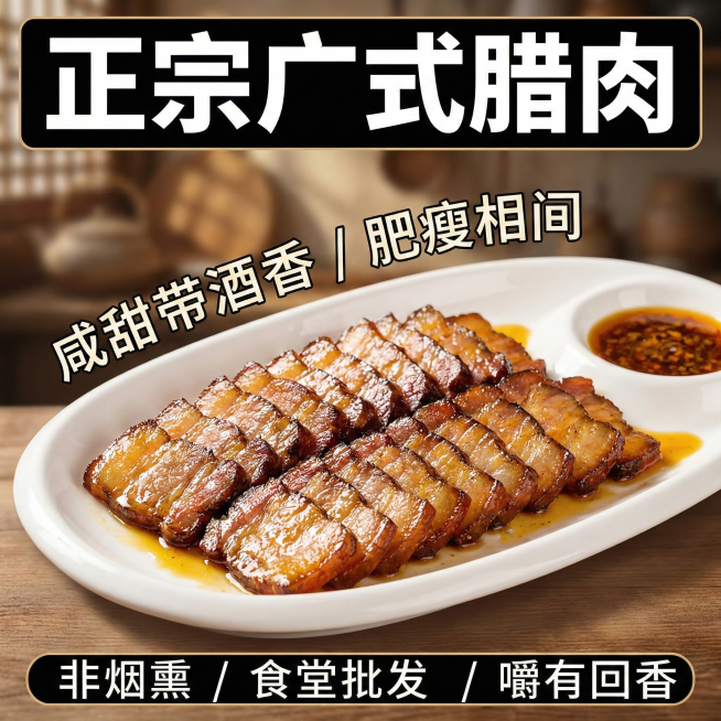 这张图片是产品主体这款产品是广式腊肉 我需要设计20张主图在拼多多上面售卖    主图场景布局可以用厨房 炒腊肉 腊肉细节等设计一个高级有食欲一些主图文案内容 正宗广式腊肉 厂家直销 新鲜现货 咸甜相预览效果