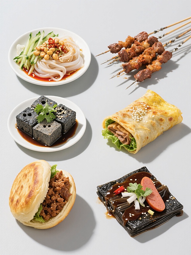 六份中式传统小吃在纯色背景上呈规整排布，简约现代风格美食摄影，左侧第一份为凉皮：白色瓷盘盛装，透亮凉皮卷起，表面撒有花生碎、黄豆、白芝麻，点缀翠绿黄瓜丝、豆芽，淋有红色辣椒油；第二份臭豆腐：灰黑色方块豆腐整齐码放，表面多孔，淋有深褐色酱汁，点缀绿色香菜段；第三份肉夹馍：金黄色酥脆外皮的圆形面饼，从中切开，内夹炖煮入味的褐色腊汁肉碎，肉汁饱满；右侧第一份烤串：多根金属签串起的烤羊肉串，肉质鲜嫩呈棕红色，表面撒有孜然粉、辣椒粉，边缘微焦；第二份煎饼果子：金黄色薄脆煎饼卷起，露出内部绿色生菜、浅褐色馃子，顶部可见白色芝麻；第三份烤冷面：黑色冷面片折叠成方块，表面刷有深褐色酱料，点缀白色洋葱碎、绿色香菜段、红色火腿肠片，整体光影柔和，采用侧上方单一光源，食物色彩鲜亮饱和，质感细腻，无文字、无logo、无水印。
