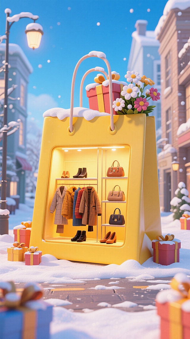 黄色购物袋，内部是服装店店铺（秋冬鞋服、包），暖黄灯光。购物袋顶部有覆着雪的礼盒、花朵。周围点缀礼盒，冬日雪景街道背景，蓝天