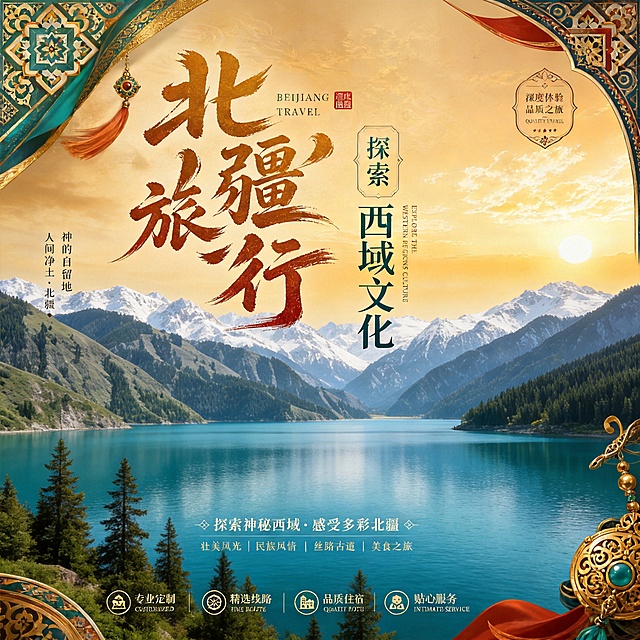 设计北疆旅游宣传广告，中文排版，尺寸1200px×1200px，针对境外游客，延展参考图片的国潮西域风格，融入传统民族花纹，展示北疆天池仙境风光，用暖金色调营造西域神秘感，突出天山圣境主题