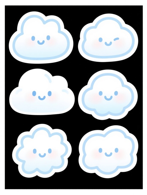 一组六个完全不同造型和角度的卡通云朵图标，保持原有的简洁可爱2D手绘风格，统一采用淡蓝色渐变描边和纯白色填充，柔和的边缘处理，置于纯白色纯色背景上，所有云朵元素规整排布形成系列素材集合预览效果