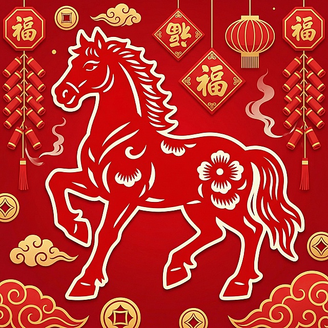 剪纸风骏马跃动，红金双色呼应，融合福字、灯笼与鞭炮元素，呈现浓厚中式年味与国潮美学，喜庆祥瑞，民族风情浓郁。