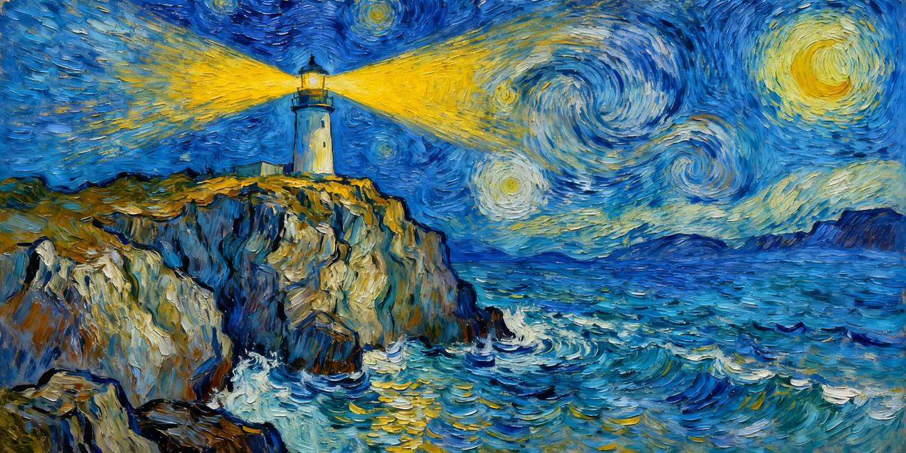 星夜灯塔，灯塔光束划破靛蓝色星空，岩石悬崖纹理，带有梵高式漩涡笔触风格预览效果