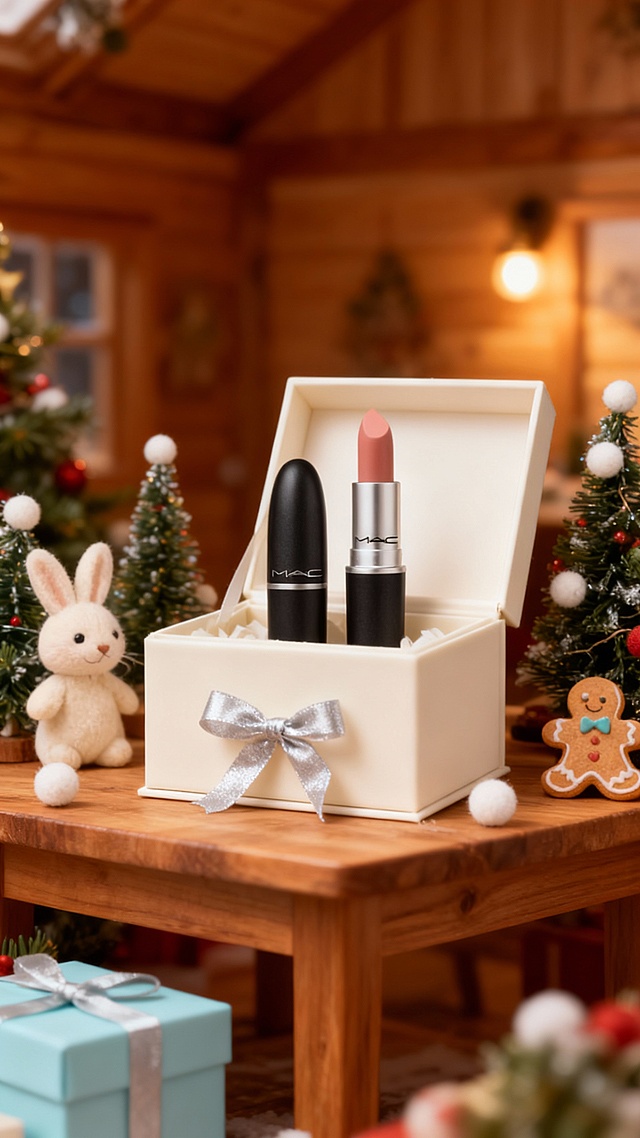 微缩艺术风圣诞场景，轻拟物与毛发生长质感结合，暖木色调营造温馨喜庆氛围，MAC口红置于礼盒中，点缀绒兔与姜饼人，尽显可爱与实景感。