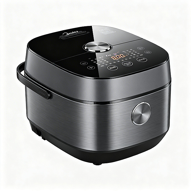 美的FB40S701智能电饭煲，玄武灰金属拉丝机身，立体IH加热，4L容量，黑色触控面板，中央圆形按钮，数码显示屏，现代厨房家电，产品摄影，白底图，高清，专业商业摄影，8K，细节丰富，质感高级