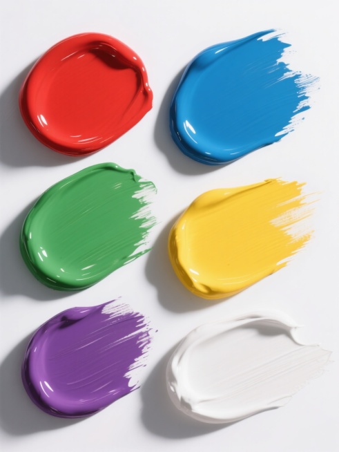 六个色彩鲜艳、具有高光泽质感和真实液体流动性的颜料涂抹痕迹，分别呈现为纯正的红色、明亮的蓝色、鲜活的绿色、灿烂的黄色、优雅的紫色和纯净的白色，每个颜料痕迹都保持着自然的笔触纹理、细腻的高光反射和轻微的边缘晕染效果，它们以整齐的矩阵式排列在纯白色背景上，整体构图平衡对称，光线从左上方照射形成柔和的阴影，色彩饱和且互不混合，呈现出专业的化妆品或艺术颜料展示海报的精致视觉风格。预览效果