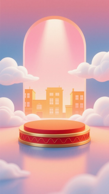 电商背景的插画，整体艺术风格为梦幻渐变，主色调为粉色、橙色和蓝色，色彩和谐自然，光影运用柔和，光源来自画面中央，光线强度适中，阴影细节较少，高光表现明显，笔触质感为平滑过渡的数字艺术，构图布局采用对称美学，画面中央有一个圆形的展示台，展示台为橙红色，带有金色的边缘和底部的红色装饰，展示台周围环绕着白色的云朵，云朵下方是橙黄色的建筑物轮廓，建筑物的窗户细节清晰可见，整体氛围宁静致远，情感传达温暖……预览效果