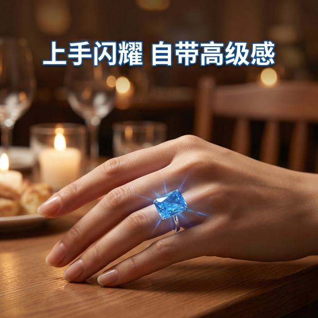 [主图 4] 蓝色玫瑰切钻戒佩戴场景展示
[氛围/风格] 浪漫约会氛围感，高级生活化场景
[画面元素] 女生纤细手部佩戴这款蓝色玫瑰切钻戒，手部自然轻搭，钻戒放在视觉中心，保持钻石蓝色和切工和原图一致预览效果