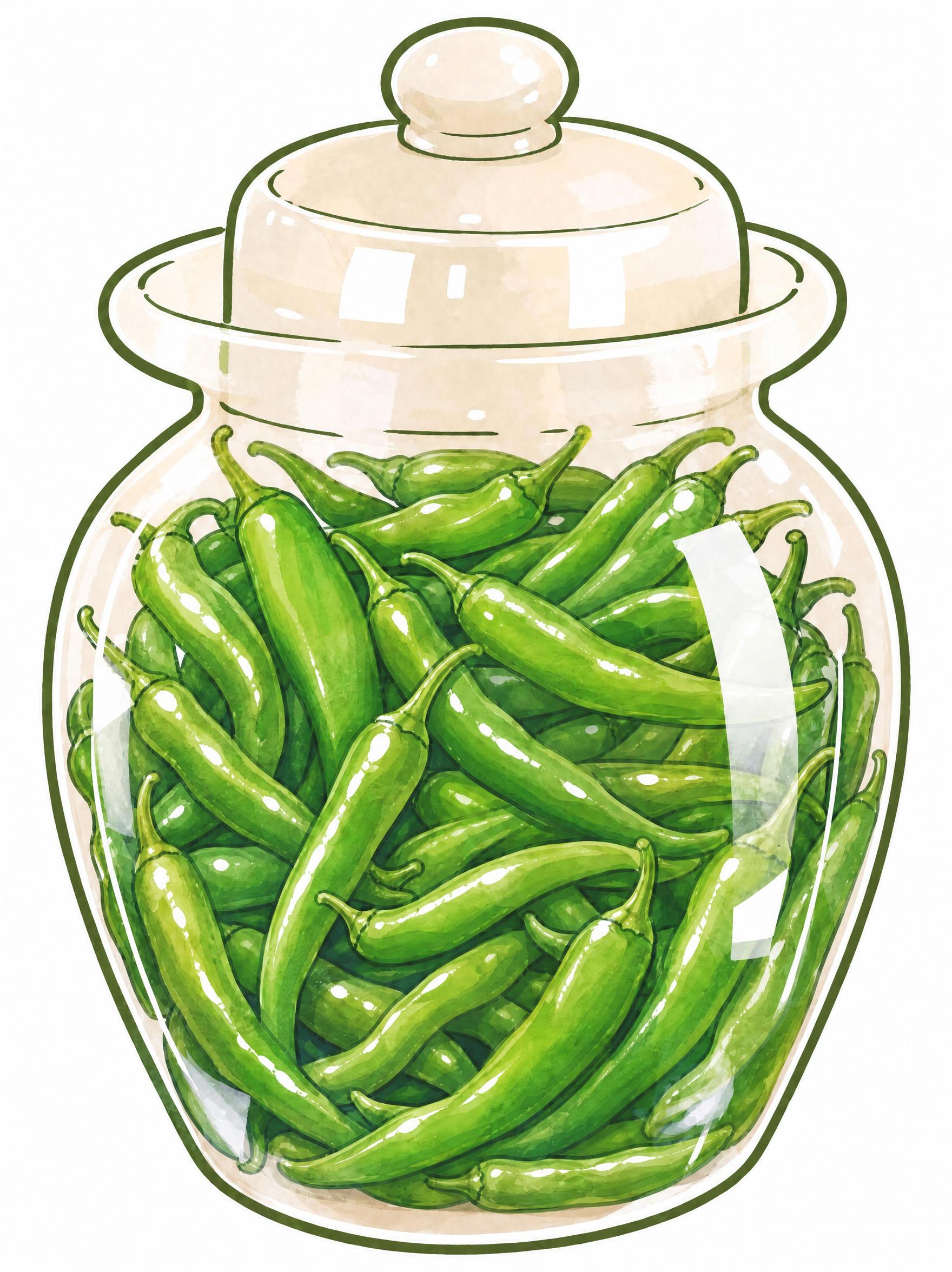 微调这张长条青椒泡菜坛插画：去掉所有青椒上的卡通笑脸表情，青椒… - 图片创意预览