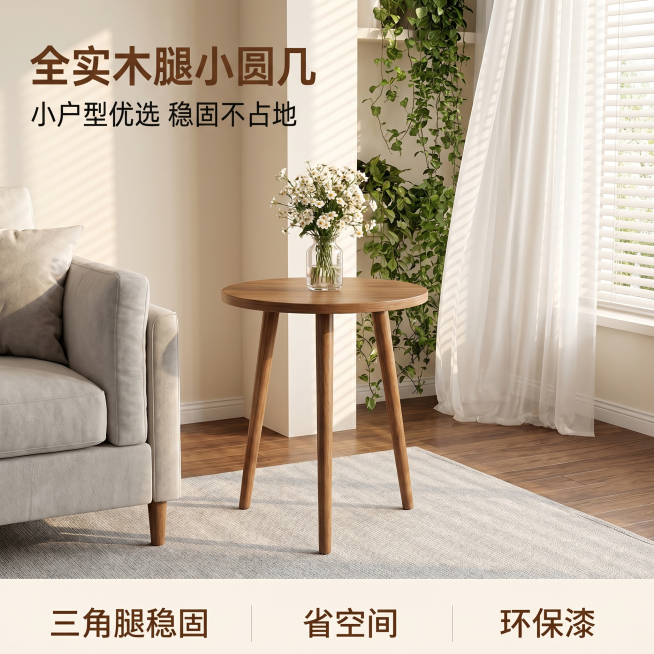 生成全实木小圆几客厅场景展示电商主图，氛围为温馨居家氛围，舒适简约轻奢自然风，柔和暖调自然光，午后慵懒感。画面：全实木三角腿小圆几放置在浅灰色沙发旁，小圆几上摆放着透明玻璃花瓶和一束白色小花，旁边有爬预览效果