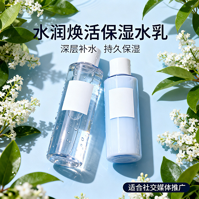 高端护肤水乳产品电商营销海报，干净清透的蓝白色简约风格，展示两瓶水乳产品放置在清新自然的植物背景中，画面干净高级，适合社交媒体推广，突出产品水润保湿的卖点，整体精致美观