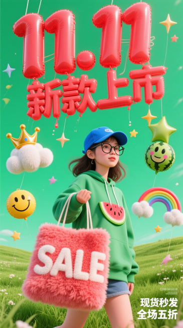 低角度仰拍视角的超现实潮流拼贴海报，以澄澈小草绿为背景，西瓜红3D充气字体“11.11 新款上市”从画面上方垂落，主视觉是一位戴着眼镜提着购物袋的潮流女生（西瓜卫衣、克莱因蓝棒球帽），放大人物，让草地预览效果