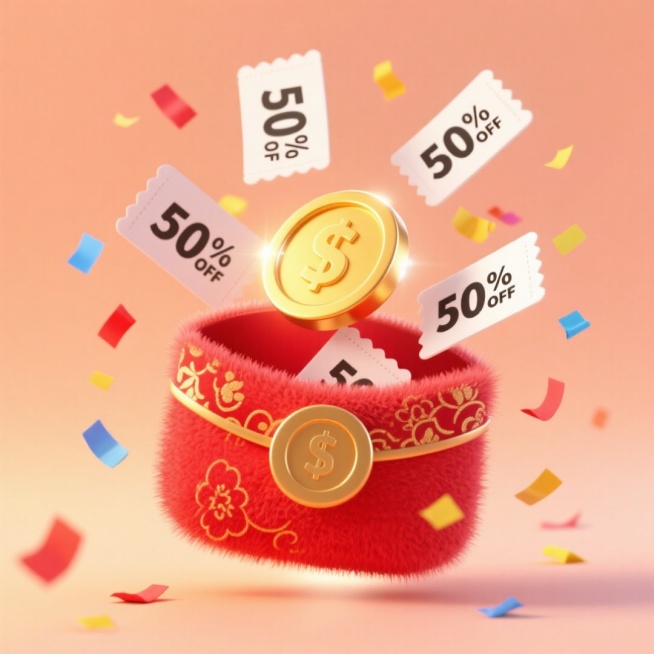 一个红包打开，飞出多张“50%OFF”优惠券，围绕着金币，点缀彩色碎纸，淡橙色渐变背景预览效果