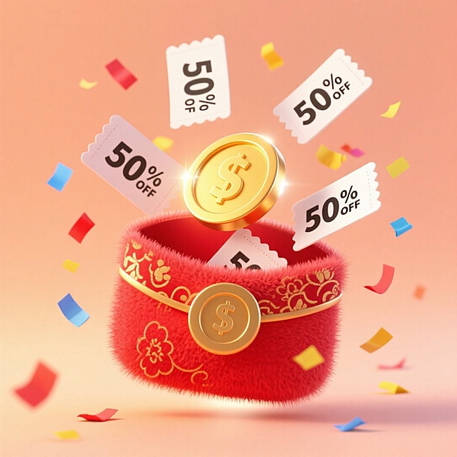 3D重拟物风毛绒红包，鎏金装饰与金币跃动，彩带纷飞，满载50%OFF优惠券，喜庆促销氛围浓郁。
