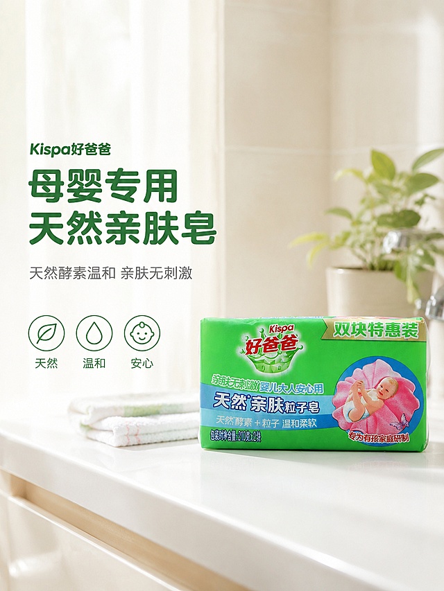 [单张主图] 好爸爸天然亲肤粒子皂母婴专用电商主图，高级氛围感真实使用场景路线，主打天然温和母婴洗护皂。
[画面主体] 保持好爸爸天然亲肤粒子皂产品外观、物理结构、材质质感、颜色与输入产品图绝对一致，杜绝任何变形和色差，精细化处理。产品放置在画面右侧干净洗手台台面上，占画面约45%，不遮挡主体，品牌Logo完整清晰。
[构图版式] 采用左文右物场景型版式，左侧大面积留白放文字，右侧放产品主体，背景为明亮干净的家庭卫生间场景，整体留白充足，版式高级简约。
[场景元素] 背景为干净明亮的卫生间靠窗场景，浅米色瓷砖，自然窗纱透进柔和光线，台面上放一小盆绿色绿植点缀，旁边搭着一块干净婴儿毛巾，整体真实自然，传递日常使用氛围，背景虚化突出产品主体。
[文案版式] 左侧留白区域分三层排版，顶部品牌名"Kispa好爸爸"绿色小字，然后主标题写"母婴专用天然亲肤皂"，大号圆润深绿色字体，再副文案一句"天然酵素温和 亲肤无刺激"，小号浅灰色字体，底部三个线稿圆形图标，分别标注"天然" "温和" "安心"，浅绿细线图标配文字，简约不杂乱。
[光影质感] 柔和自然侧窗光，光线均匀通透，产品和台面有柔和投影，整体柔和明亮，浅景深，背景虚化，突出产品主体，高级摄影质感，包装细节清晰。
[配色字体] 主色浅米白+柔和浅绿，辅助色保留产品原红色点缀，字体为轻无衬线，主标题字重适中，辅助文字轻量细体，整体低饱和色调干净高级，符合母婴安全气质。
[比例分辨率] 3:4比例，4k分辨率，文字清晰可辨，超高清画质。
[负向提示词] 变形，文字错乱，产品图模糊，背景杂乱，水印，电商平台Logo，错字，伪Logo，主体遮挡，低清晰度，错误结构