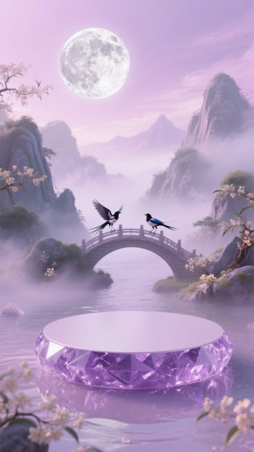 画面主体是淡紫色水晶质地圆形空的展台，背景是一些弥漫雾气的山水桂花，山水中间有鹊桥，一对喜鹊盘旋桥边，银盘似的月亮挂在空中，粉紫柔和色调。预览效果