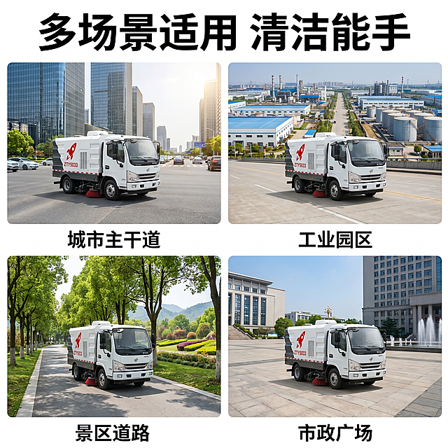 [主图-4] ZTY5033纯电动洗扫车适用场景展示，展示多场景作业能力。[氛围风格] 真实工业场景风，专业实用感。[画质] 商业摄影质感，场景真实自然，画面干净清晰。[元素] 顶部放置主标题，下方四宫格展示四个适用场景：城市主干道、工业园区、景区道路、市政广场，每个场景都有洗扫车作业画面，保持车辆外观与原图一致。构图满版，场景排列整齐。[光影] 统一日间自然光照，每个小场景光影自然协调。[配色] 真实场景色彩，车辆白色在不同场景都清晰突出。[视角构图] 上下结构，四宫格场景排列，满版构图。[文字版式] 顶部大字主标题"多场景适用 清洁能手"，黑色粗体。每个场景小图下方标注场景名称，小字清晰。[比例分辨率] 1:1比例，2048x2048px分辨率，文字清晰锐利。[负向提示词] 变形，水印，文字错乱，产品图模糊，背景杂乱，车辆外观不一致。