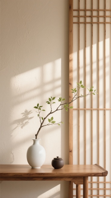 新中式背景，原木色条案上摆放着白色陶瓷花瓶和深色小罐，花瓶中伸出一枝带有嫩绿叶片的树枝，右侧是竖条形的木质格栅屏风，浅米色墙面带有细微纹理，柔和的自然光透过格栅在墙面上投下斑驳的光影，整体营造出宁静、素雅、禅意的东方美学氛围，画面构图简洁对称，色调温暖和谐，材质呈现原木的自然纹理与陶瓷的细腻质感，光影层次丰富柔和。预览效果