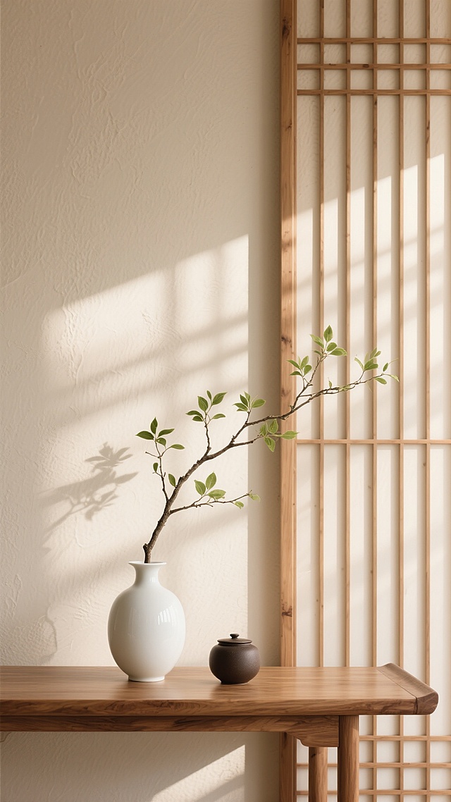 新中式背景，原木色条案上摆放着白色陶瓷花瓶和深色小罐，花瓶中伸出一枝带有嫩绿叶片的树枝，右侧是竖条形的木质格栅屏风，浅米色墙面带有细微纹理，柔和的自然光透过格栅在墙面上投下斑驳的光影，整体营造出宁静、素雅、禅意的东方美学氛围，画面构图简洁对称，色调温暖和谐，材质呈现原木的自然纹理与陶瓷的细腻质感，光影层次丰富柔和。