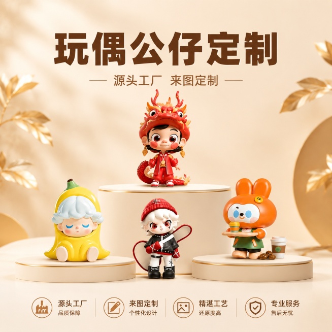 [主图-1] 盲盒公仔定制服务首图，暖色调配色，融合多种参考图的公仔元素与创新版式
[氛围风格] 简约高级商业展示风，整体暖色调温馨治愈
[画质] 商业摄影质感，光线柔和通透，产品清晰真实，画面干净高预览效果
