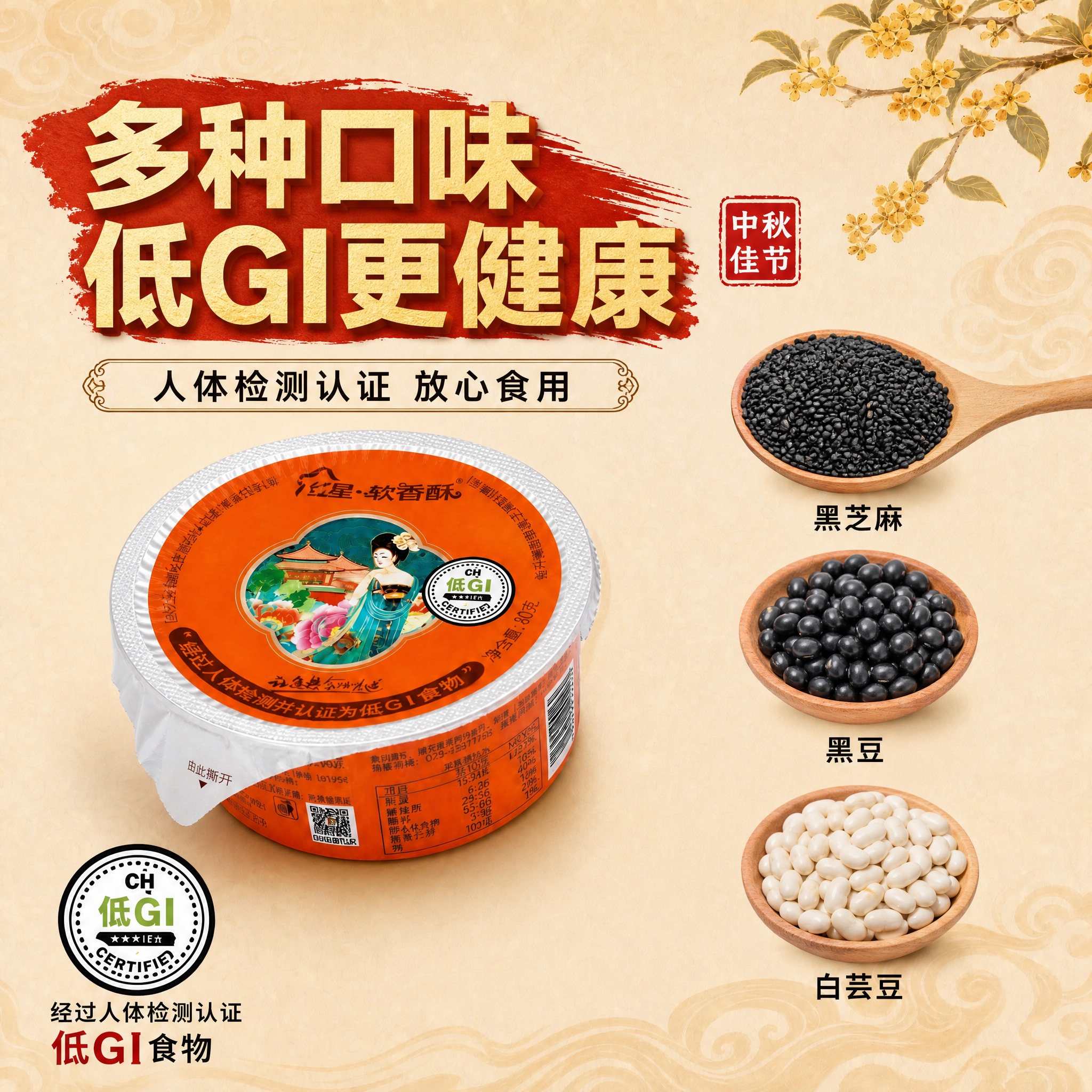修改这张红星软香酥主图：1. 将右侧的4个切开月饼（黑芝麻味、… - 图片创意预览
