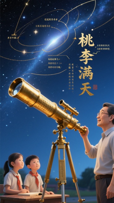 复古黄铜望远镜聚焦星河，星轨构成桃李满天的图谱，镜筒内壁刻满历代教育家箴言。深空蓝底色与烫金星轨，UV工艺突出望远镜金属质感。人物：教师、学生预览效果