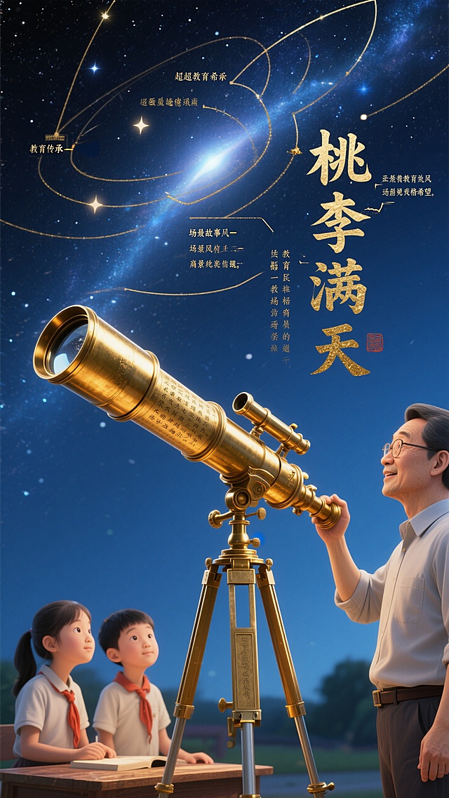梦幻星空下，鎏金望远镜引领师生探索未来，大字“桃李满天”彰显教育传承的超现实主义文艺故事。