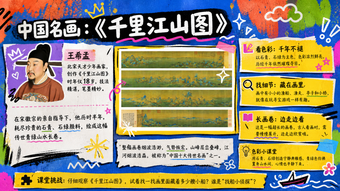 参考第一张图片的涂鸦拼贴风格，重新生成第二张《千里江山图》介绍海报，保留所有文字信息和人物、画作内容，采用撞色涂鸦风格，增加手绘线条和装饰元素，色彩鲜艳活泼，排版保留原结构预览效果