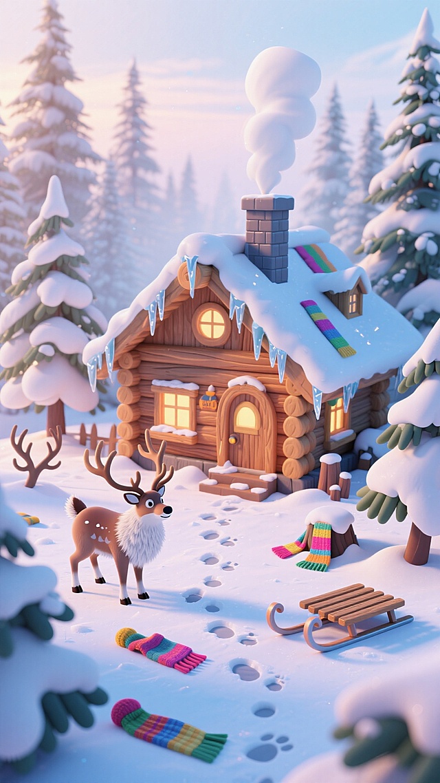 软3D风卡通雪屋，暖光透窗，彩条围巾点缀，鹿与雪橇营造温馨梦幻圣诞氛围。