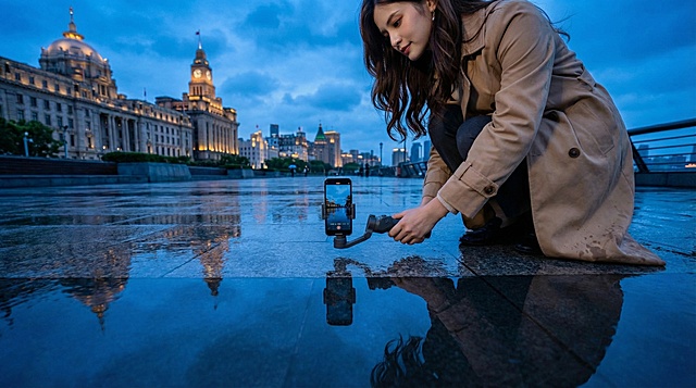 近景，女摄影师小雅手持手机稳定器（非相机），贴近地面拍摄外滩地面的雨后倒影，倒影中映出蓝调天空。