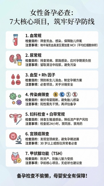 女性备孕必查项目海报，背景干净整洁，排版大气美观，包含文案：“女性备孕必查：7大核心项目，筑牢好孕防线 1、血常规 检查目的：筛查贫血、感染，保障胎儿供氧 注意事项：地中海贫血高发区需加查 MCV（平预览效果