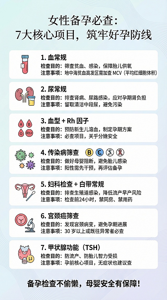 女性备孕必查项目海报，背景干净整洁，排版大气美观，包含文案：“女性备孕必查：7大核心项目，筑牢好孕防线 1、血常规 检查目的：筛查贫血、感染，保障胎儿供氧 注意事项：地中海贫血高发区需加查 MCV（平均红细胞体积） 2、尿常规 检查目的：排查肾病、尿路感染，应对孕期肾负担 注意事项：留取清洁中段尿，避免污染 3、血型 + Rh 因子 检查目的：预防新生儿溶血，制定孕期方案 注意事项：必查项目，关乎分娩安全 4、传染病筛查（乙肝、丙肝、梅毒、艾滋病） 检查目的：做好母婴阻断，避免胎儿感染 注意事项：阳性需先干预，再评估备孕 5、妇科检查 + 白带常规 检查目的：排查生殖道感染，降低流产早产风险 注意事项：检查前24小时，禁同房、禁用药 6、宫颈癌筛查（TCT / 宫颈细胞学 ±HPV） 检查目的：发现宫颈病变，避免孕期进展 注意事项：30 岁以上或既往异常者必查 7、甲状腺功能（TSH） 检查目的：防流产、防胎儿智力受损 注意事项：孕前核心项目，无症状也建议查 备孕检查不偷懒，母婴安全有保障！”
