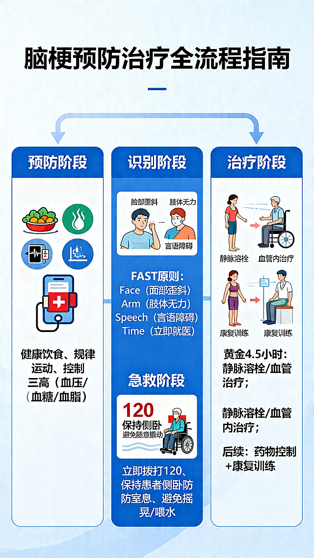 制作一张脑梗预防治疗流程图医疗科普图，清晰展示脑梗预防、识别、急救、治疗的完整流程步骤，信息清晰易读，风格简洁专业，适合医疗健康科普