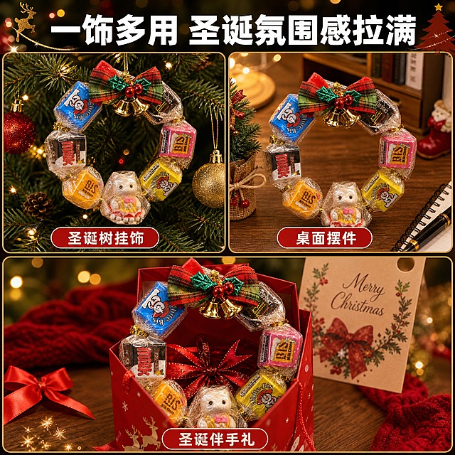 [主图-4] 圣诞巧克力花环多场景用途展示图，展示产品可作为圣诞树挂饰、桌面摆件、伴手礼等多种用途。
[统一基调] 圣诞节日温暖喜庆风格，主色调为圣诞红+墨绿+金色点缀，整体暖调柔光，商业摄影质感，字体用粗黑体+手写体组合，标题字色为金色或白色，强调色为圣诞红。
[画面] 画面采用三宫格布局，展示三种使用场景：左上格——花环挂在圣诞树枝上作为挂饰，周围有松针和圣诞球，展示悬挂效果；右上格——花环放在办公桌/书桌一角，旁边有笔记本、钢笔、小盆栽，作为桌面装饰摆件；下方大格——花环放在红色礼品袋中，旁边有圣诞贺卡，作为伴手礼/随手礼。每个场景中的产品都保持外观一致，清晰完整。背景统一为暖调虚化处理。
[光影质感] 每个场景都有自然暖光，产品光影与场景一致，真实自然，商业摄影质感。
[配色] 整体圣诞红+墨绿+暖黄+木质棕，三格色调统一协调。
[文字版式] 画面顶部大标题：「一饰多用 圣诞氛围感拉满」，白色粗黑体；每个小格下方有对应标签：左上「圣诞树挂饰」、右上「桌面摆件」、下方「圣诞伴手礼」，标签为红色底白字圆角矩形。文字清晰，不遮挡产品主体。
[输出要求] 1:1正方形，2048x2048px，2K高清，三格布局清晰，产品在各场景中自然融入，文字清晰可读，无水印无平台Logo。