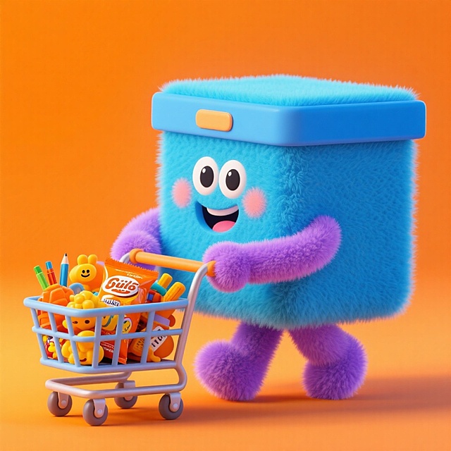 软3D风格的毛绒收纳盒拟人化，推着装满玩具的小车，充满可爱与趣味感，橙色背景强化双11梦幻氛围。