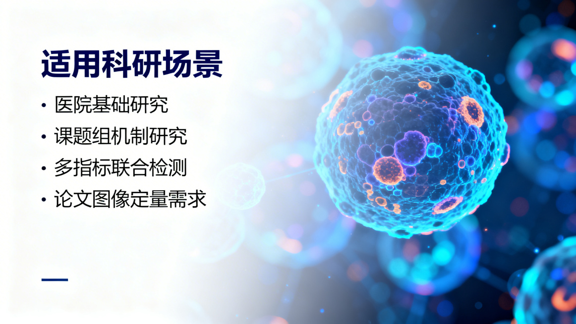 白底科技蓝风格，标题“适用科研场景”，列出“医院基础研究”“课题组机制研究”“多指标联合检测”“论文图像定量需求”，背景虚化荧光显微图，高清8K，无水印预览效果