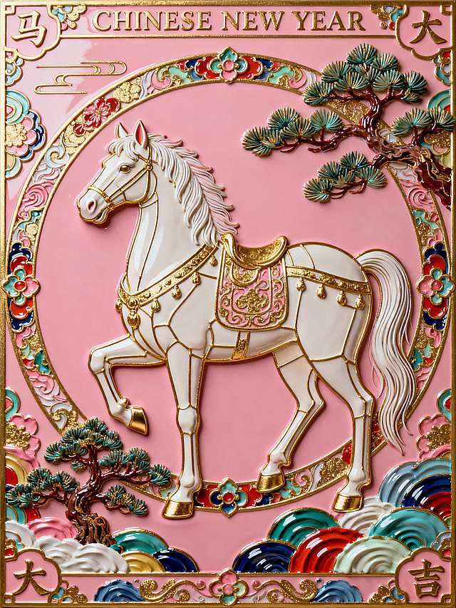 华丽装饰插画，主体是白马形象，搭配装饰化松树（具华丽纹样），环绕彩色装饰纹样，画面顶部 “CHINESE NEW YEAR”，四角“马年大吉”。色彩以亮粉、金为主，搭配多彩纹样，氛围精致华丽，亮粉色背景