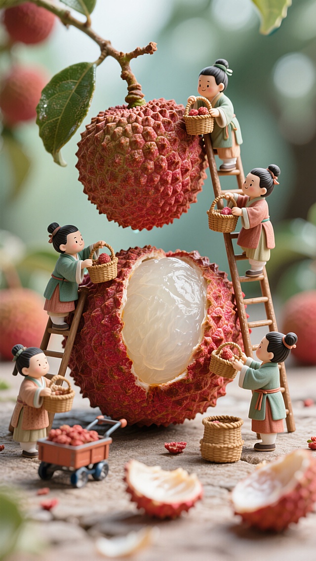 可爱卡通风格，微缩艺术展现中式清新感，童趣人物采摘荔枝，生动有趣。