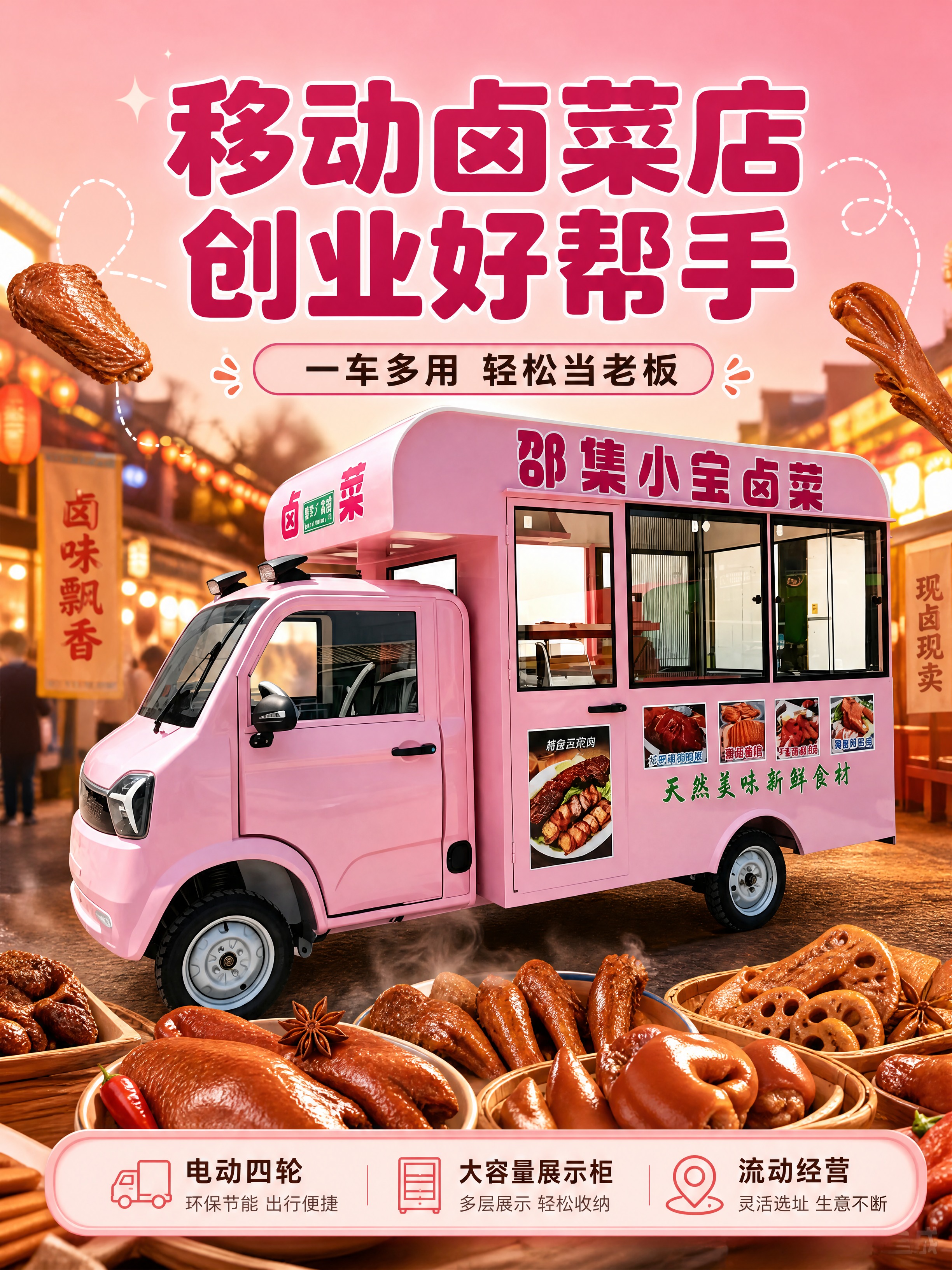 [商品] 使用【图1】粉色电动四轮卤菜餐车（邵集小宝卤菜）；保… - 图片创意预览